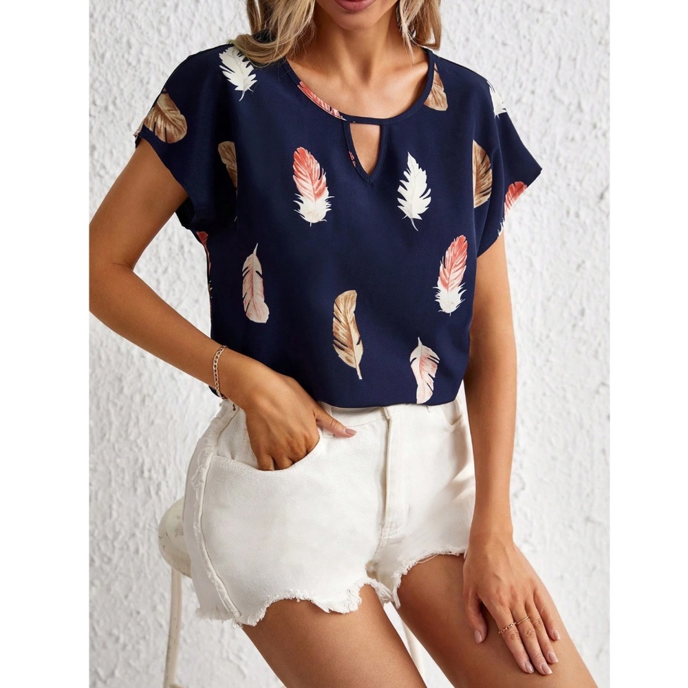 Navy Blue Feather Print Shirt Top Short Sleeves - Picture 3 of 6